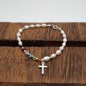 7 Inch 925 Sterling Silver Cross Charm Pearl And Crystal Bracelet